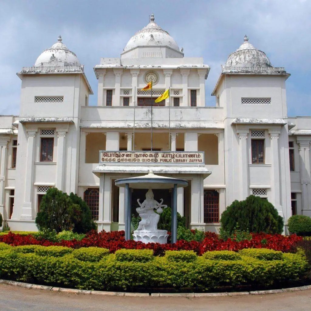The Jaffna Public Library with its white domes and flower beds