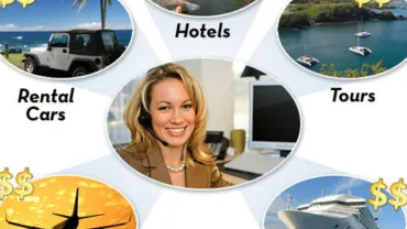A travel agent surrounded by icons for hotels, tours, rental cars, flights and cruises