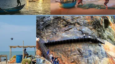 Collage of four coastal scenes from Sri Lanka, including fishermen at sunset