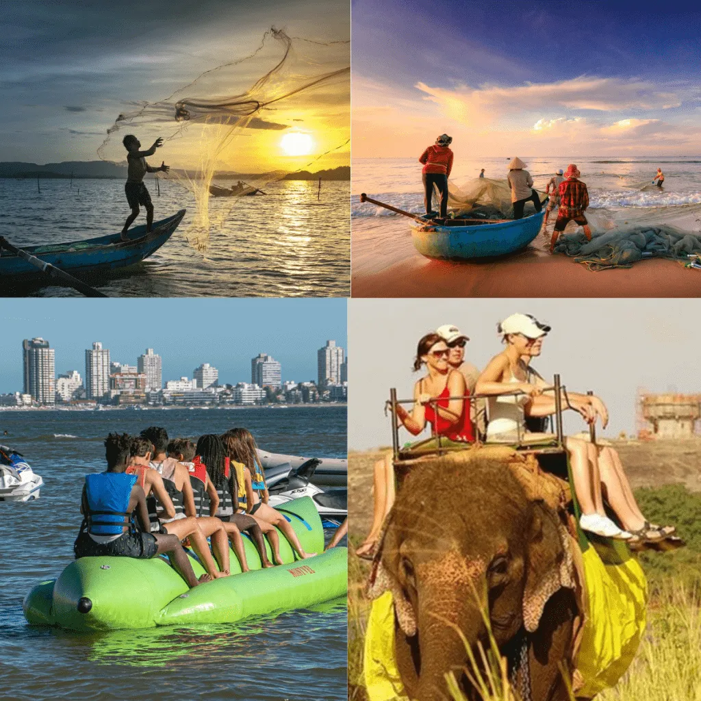 Collage of day-trip scenes near Colombo: fishermen at sunset, the city skyline, a banana-boat ride and an elephant ride