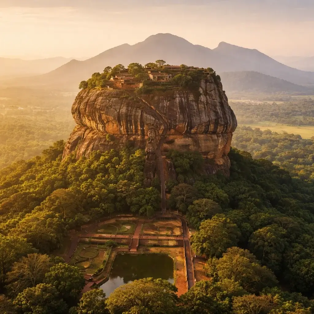 Sigiriya rock at sunrise above the misty plain
