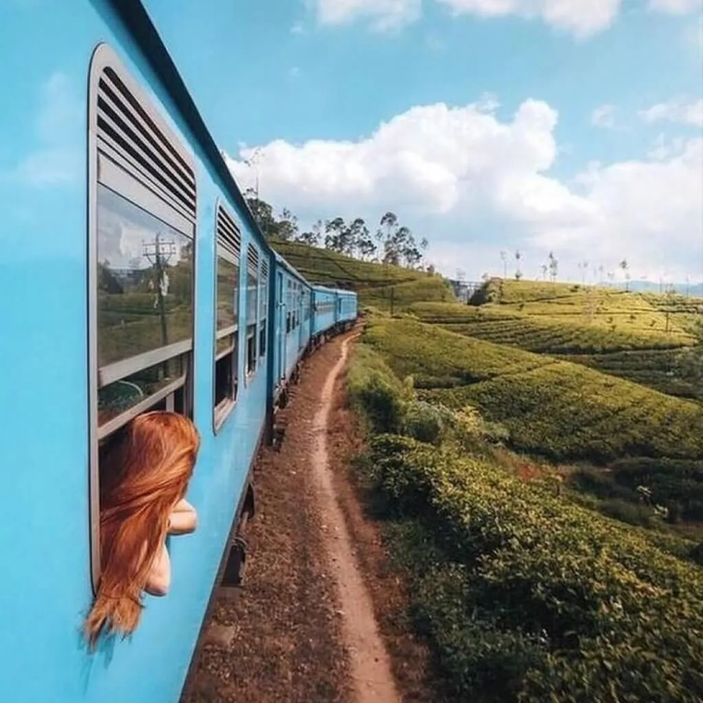 A blue train winding through green hills with a traveller leaning out of a carriage window