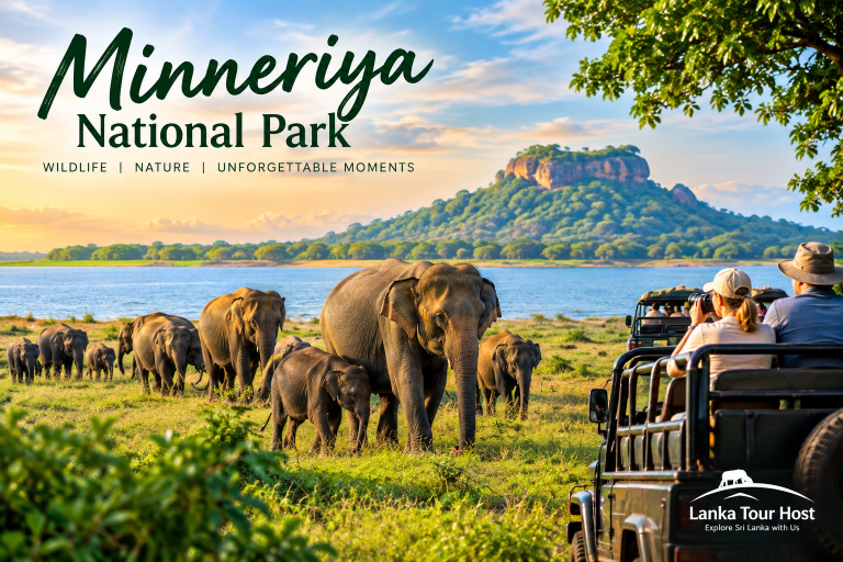 Wild elephants gathering at Minneriya Tank during dry season safari in Sri Lanka
