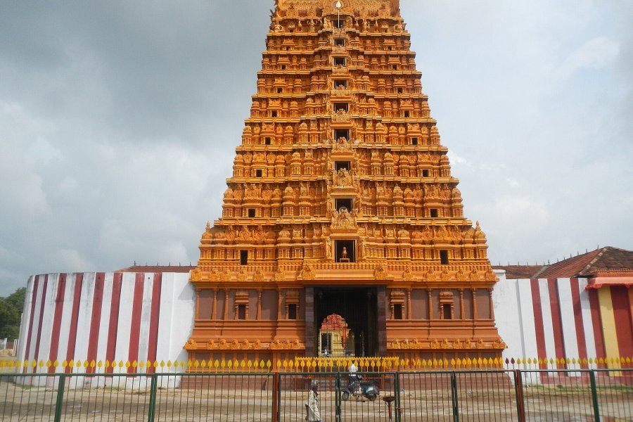 The golden gateway tower of the Nallur Kandaswamy temple in Jaffna