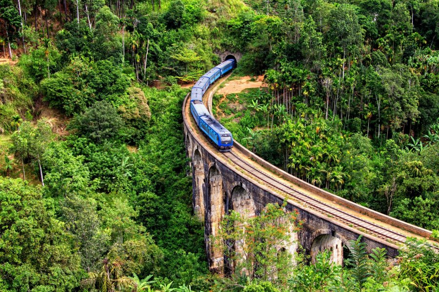 Blue train crossing the Nine Arch Bridge near Ella