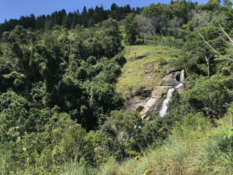 The upper cascades of Diyaluma Falls in the forest near Koslanda