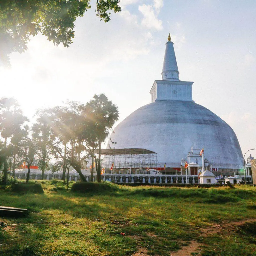 A white stupa at Anuradhapura seen across the grass in the low sun