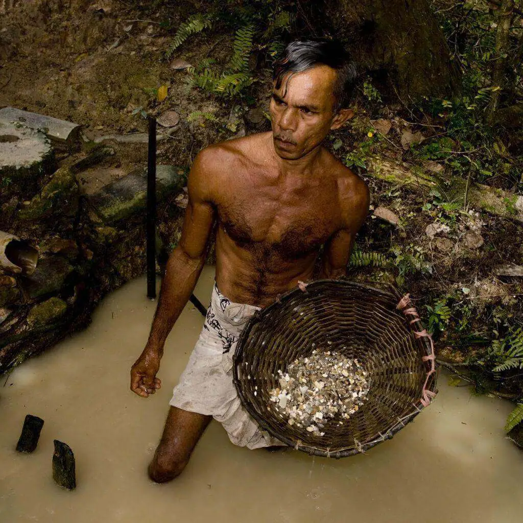 A miner kneeling in a water-filled pit holding a basket of gem gravel